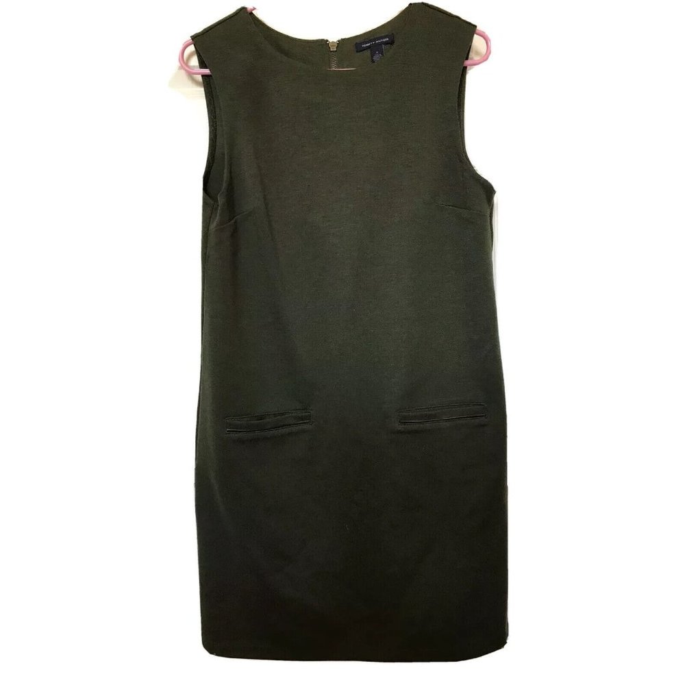 Tommy Hilfiger Olive Green Stretch Sheath Dress W/ Front Pockets Zipper Back - Picture 2 of 4